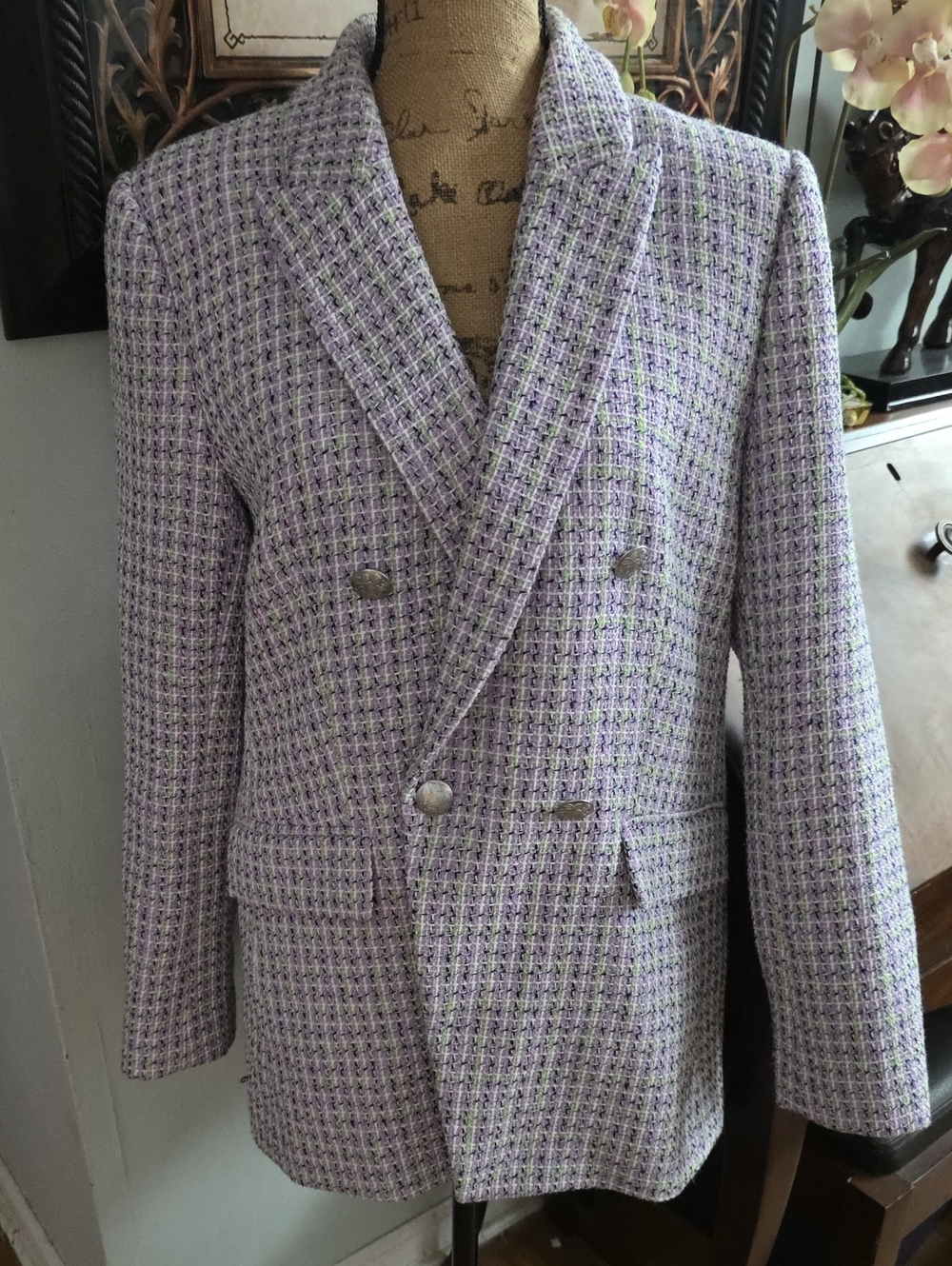 LOFT Lilac Double-Breasted Tweed Blazer